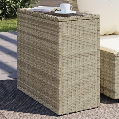 Light Grey and Black Rectangular Garden Side Table with Tempered Glass Top and Adjustable Feet, UV Resistant Poly Rattan Frame for Patio Balcony Outdoor Furniture, Compact