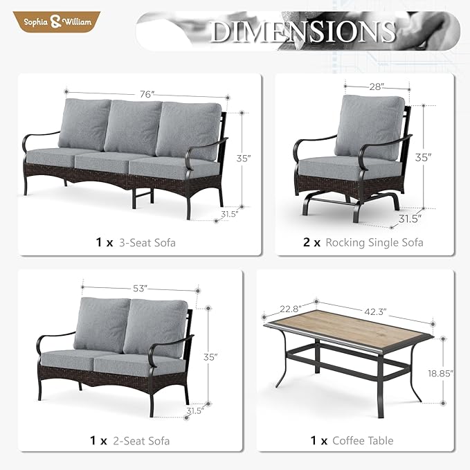 Sophia & William Patio Furniture Set, 5 Piece Metal Outdoor Conversation Set with 3-Seater Outdoor Couch, 2 Sofa Chairs - Photo 5