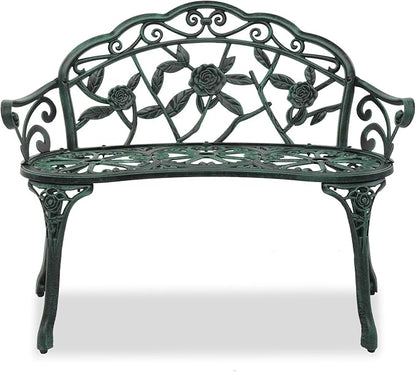 Outdoor Garden Bench,Patio Metal Rose Bench,2 Person Cast Iron Metal Frame Porch Bench with Backrest and Armrests,Outside Benches,Leisure Chair for Garden Porch Park Front Porch Balcony (Green)