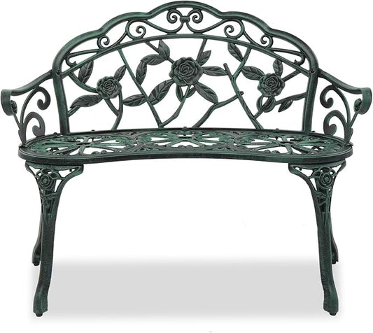 Outdoor Garden Bench,Patio Metal Rose Bench,2 Person Cast Iron Metal Frame Porch Bench with Backrest and Armrests,Outside Benches,Leisure Chair for Garden Porch Park Front Porch Balcony (Green)