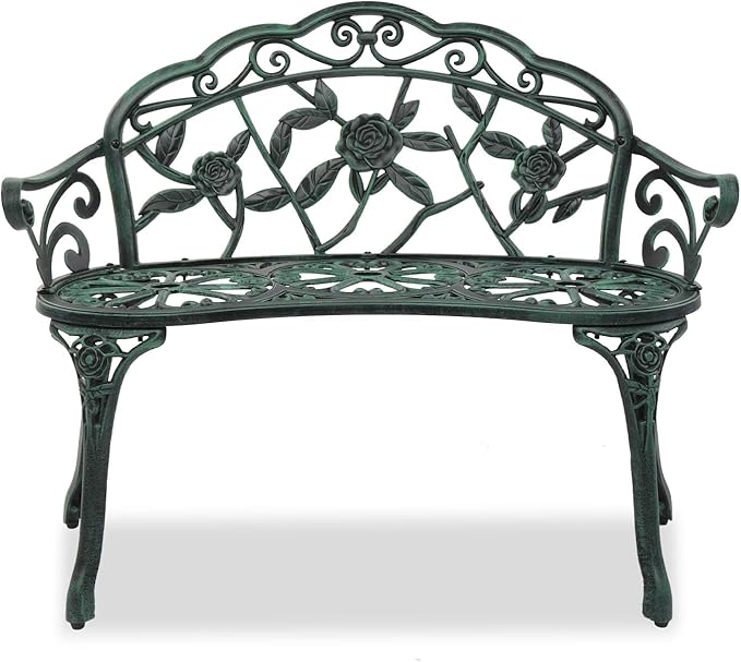 38.5" Outdoor Loveseat Bench Anti-Rust Cast Aluminum Metal Seating Furniture for Garden Patio Porch Park Deck Lawn Rose (Green)