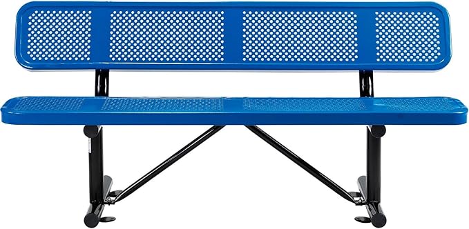 Global Industrial 6'L Heavy Duty Outdoor Steel Picnic Bench with Backrest, Perforated Metal, Portable Outdoor Bench, 1000 lbs Capacity, Blue, 72" L x 24" W x 33" H