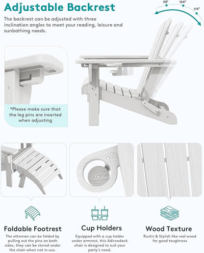 SERWALL 5-Piece Adirondack Chair and Ottoman and Table Set, White