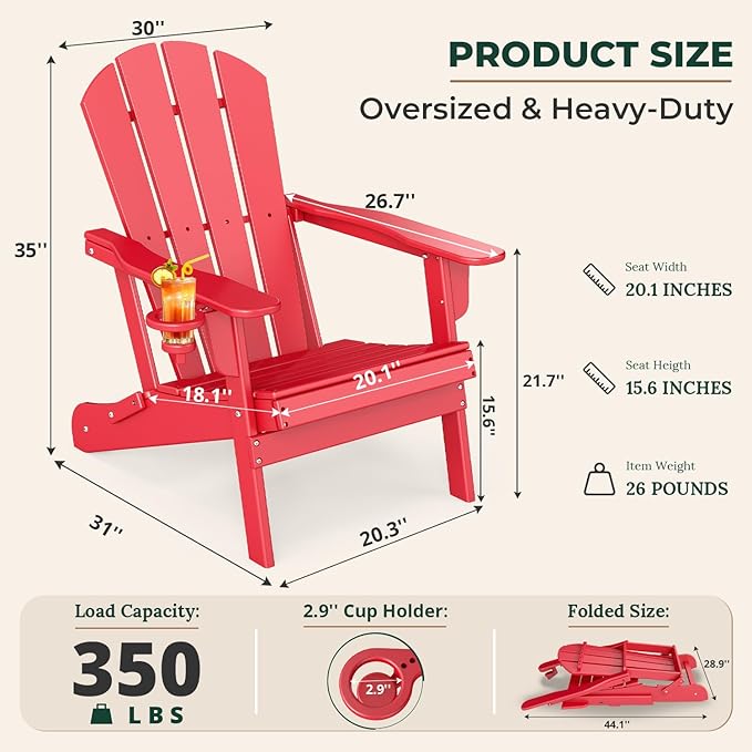 BRIOPAWS Folding-Adirondack-Chairs Set of 4 | HDPE Plastic | Fire Pit Chair | Cup Holder | Curved Back | All Weather| for Outdoor Backyard Deck Patio | Red