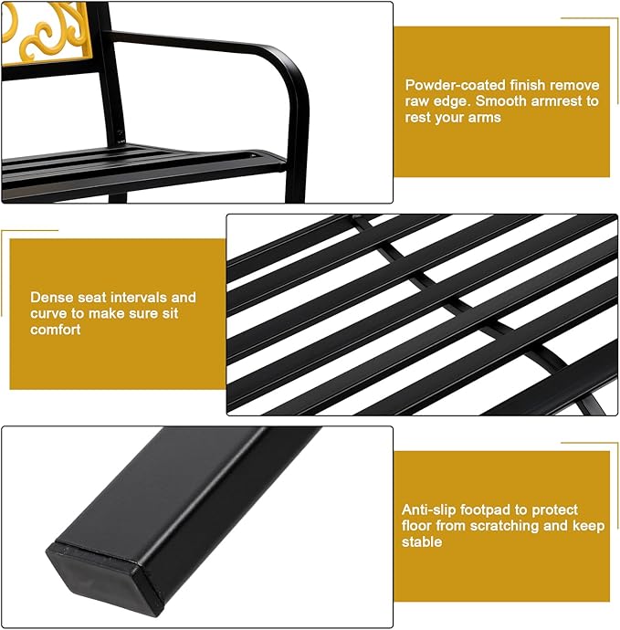 50" Outdoor Garden Bench Metal Patio Park Bench Elegant Porch Deck Loveseat with PVC Carved Pattern Backrest,Black Yellow