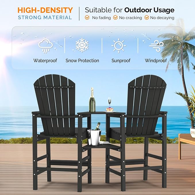 VINGLI Tall Adirondack Chairs Set of 2 with Dual Trays, All-Weather HDPE Outdoor BarStools Poly Deck Chairs for Patio, Poolside and Balcony (Black)