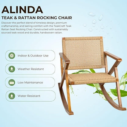 TeakCraft Teak Rocking Chair with Rattan Seat for Adults, Indoor & Outdoor Rocking Chair, Accent Chair, Durable for Patio, Porch, Garden, Living Room, Nursery, Balcony, All Season, The Alinda