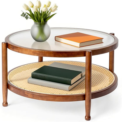Outvita Outdoor Side Table, Rattan Rubber Wood Coffee Table with Weather - Resistant Coating, Double - Layer Storage, 31.5"x31.5"x 17.3", Easy Assembly for Patio, Garden, Living Room, Bedroom