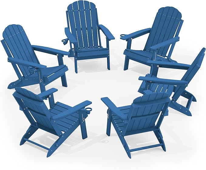 YEFU Adirondack Chairs Set of 6 for Outdoor: Folding Plastic Fire Pit Chair with Cup Holder & Adjustable Backrest - Sturdy All Weather HDPE for Patio Pool Lawn
