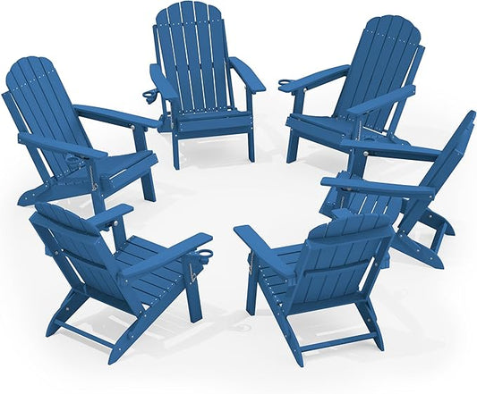 YEFU Adirondack Chairs Set of 6 for Outdoor: Folding Plastic Fire Pit Chair with Cup Holder & Adjustable Backrest - Sturdy All Weather HDPE for Patio Pool Lawn