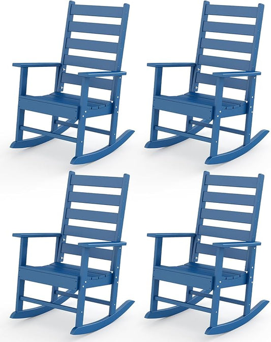 GREENVINES Outdoor-Rocking-Chairs-Set-of-4 | HDPE Plastic | Patio Rockers | Porch Rocker Chair | Shaker | Oversized | High Ladder Back | Big & Tall | PentaLuxe | Blue