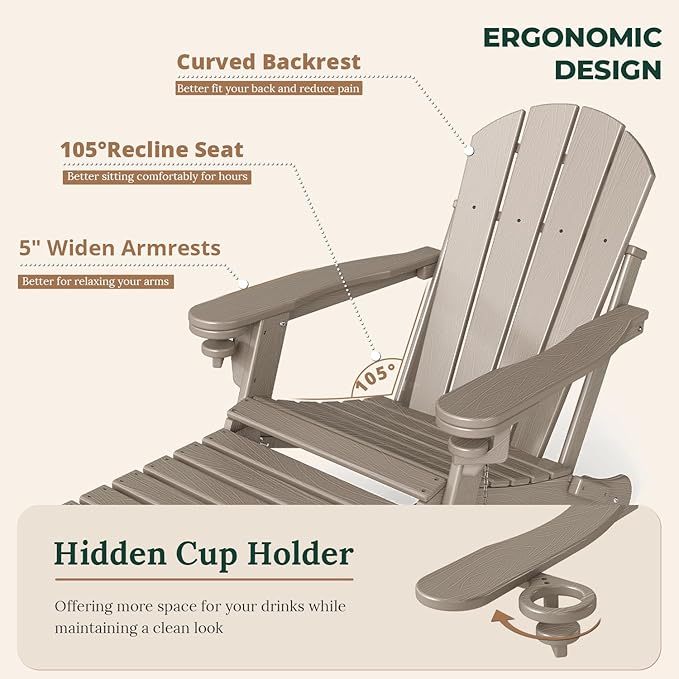 BRIOPAWS Adirondack-Chairs-with-Pull-Out-Footrest | Set of 4 | Folding | HDPE Plastic | Fire Pit Chair | All Weather | Cup Holders | Curved Back | Retractable Ottoman | for Poolside Deck | Light Brown