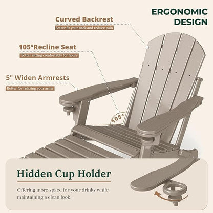 BRIOPAWS Adirondack-Chairs-with-Pull-Out-Footrest | Set of 4 | Folding | HDPE Plastic | Fire Pit Chair | All Weather | Cup Holders | Curved Back | Retractable Ottoman | for Poolside Deck | Light Brown