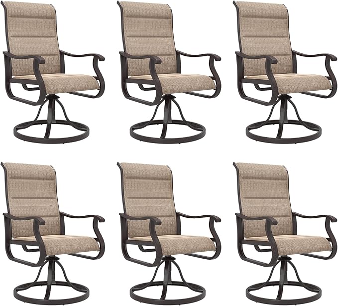 Amopatio Padded Patio Swivel Chairs Set of 6, Outdoor Dining Chairs with Ultra Soft Textilene High Back Seat & Metal Rocker Frame, for Backyard Deck Lawn Garden, Brown