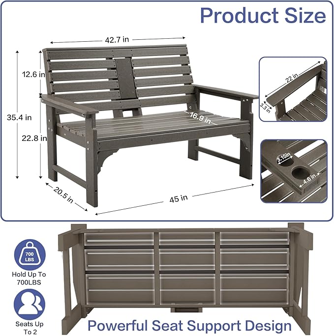 Outdoor Bench Weatherproof - HDPE 2-Person Garden Bench with Cup Holders, Bench Furniture with Backrest and Armrests - Photo 3