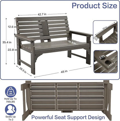 Outdoor Bench Weatherproof - HDPE 2-Person Garden Bench with Cup Holders, Bench Furniture with Backrest and Armrests, 700 lbs Capacity, Patio Park Bench for Front Porch Backyard Park (Brown)