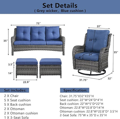 Belord 5 Piece Wicker Patio Furniture Set, Outdoor Swivel Rocker Chairs Set of 2 with Ottomans and 3 Seater Sofa, All Weather Patio Conversation Furniture Set, for Porch Pool, Gray Wicker/Blue