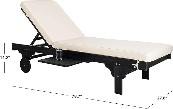 SAFAVIEH Outdoor Collection Newport Black/ Beige Cushion Built-in Side Table Adjustable Chaise Lounge Chair