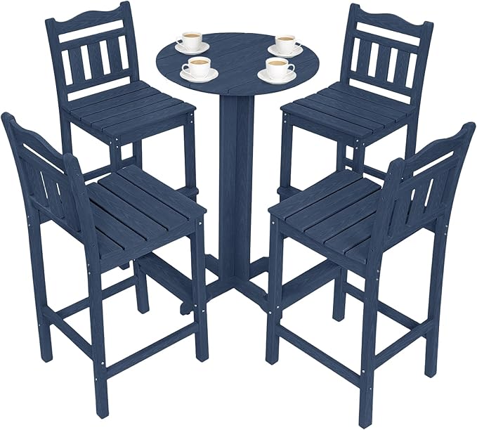 5-Piece Outdoor Bar Set, HDPE Adirondack Bar Height Chairs Set of 4 and Round Pub Table, All Weather Outdoor Patio Bar Furniture for Bistro, Deck, Balcony, Poolside (Navy Blue)