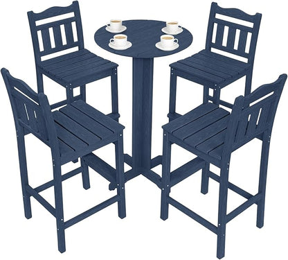 5-Piece Outdoor Bar Set, HDPE Adirondack Bar Height Chairs Set of 4 and Round Pub Table, All Weather Outdoor Patio Bar Furniture for Bistro, Deck, Balcony, Poolside (Navy Blue)