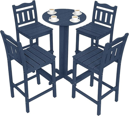5-Piece Outdoor Bar Set, HDPE Adirondack Bar Height Chairs Set of 4 and Round Pub Table, All Weather Outdoor Patio Bar Furniture for Bistro, Deck, Balcony, Poolside (Navy Blue)
