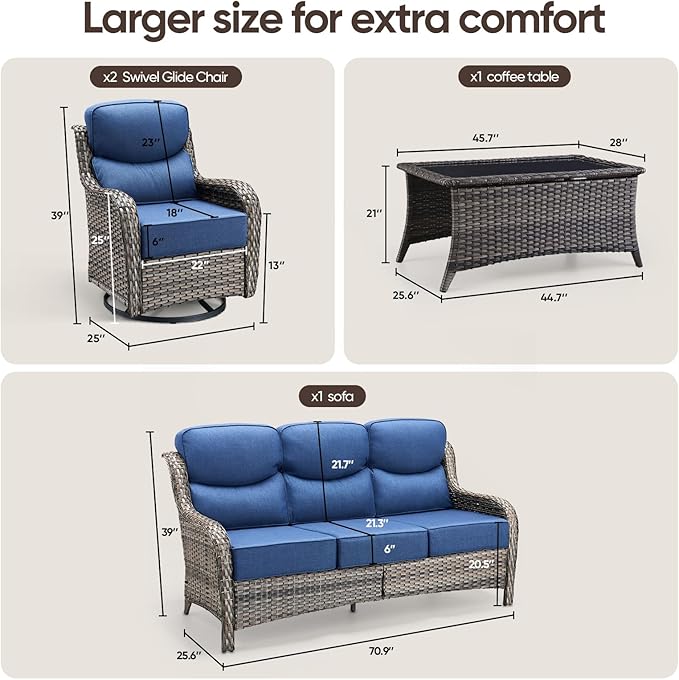 Swivel Patio Chairs sofa Set of 4 with 6" Thick Cushion - Wicker Outdoor Swivel Rocker Patio Chair ,Sofa/Glass coffee - Photo 4
