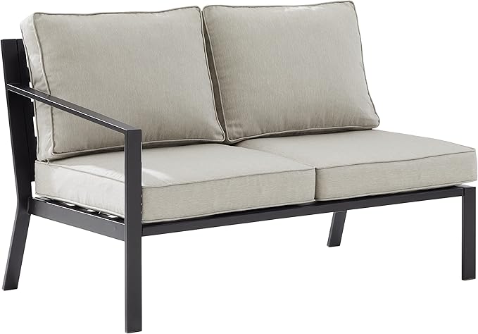 Crosley Furniture Clark Outdoor Sectional Left Side Loveseat, 2-Person Patio Couch for Deck, Backyard, Matte Black with Taupe Cushions