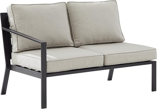 Crosley Furniture Clark Outdoor Sectional Left Side Loveseat, 2-Person Patio Couch for Deck, Backyard, Matte Black with Taupe Cushions