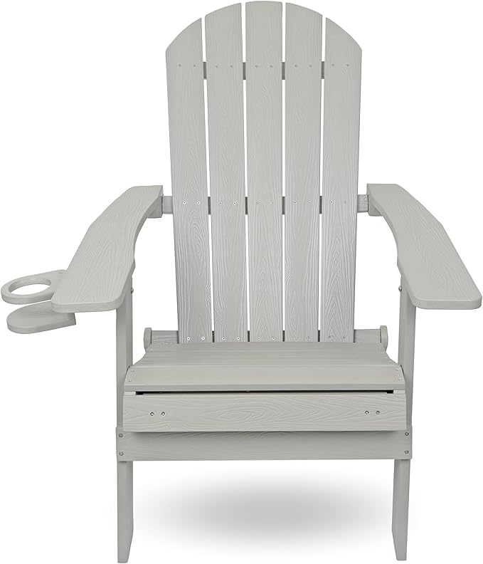 Alpine Corporation 38" H Outdoor Adirondack Folding Chair with Cup Holder and Ottoman, Classic Ergonomic Design, Patio Furniture and Accessories, Light Gray