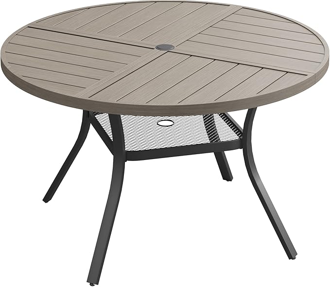 Patio Dining Table for 4, Round Metal Outdoor Table with Storage Shelf, 1.57" Umbrella Hole, 41" Outdoor Quartered Tabletop Dining Table for Backyard, Porch, Lawn, Grey