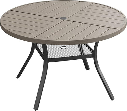 Patio Dining Table for 4, Round Metal Outdoor Table with Storage Shelf, 1.57" Umbrella Hole, 41" Outdoor Quartered Tabletop Dining Table for Backyard, Porch, Lawn, Grey