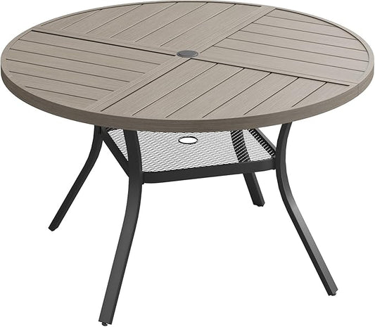 Patio Dining Table for 4, Round Metal Outdoor Table with Storage Shelf, 1.57" Umbrella Hole, 41" Outdoor Quartered Tabletop Dining Table for Backyard, Porch, Lawn, Grey