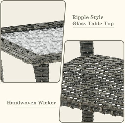 Wicker Outdoor Coffee Table - 40 Inch Tempered Glass Top Patio Coffee Table with Storage, 2 Layers Rattan Outdoor Table Rectangle for Patio for Porch, Balcony, Deck and Garden - Gray