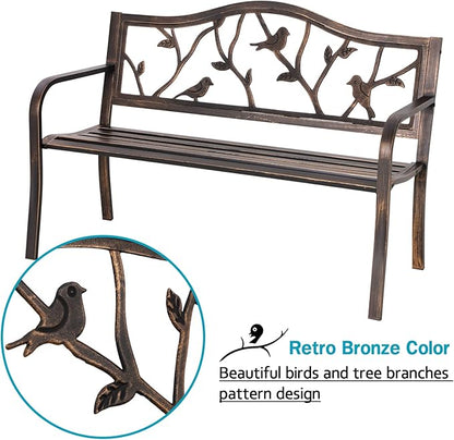 MFSTUDIO 50" Outdoor Garden Bench, Patio Metal Frame Park Bench with Bird Pattern Backrest for Porch, Lawn, Deck(Bronze)