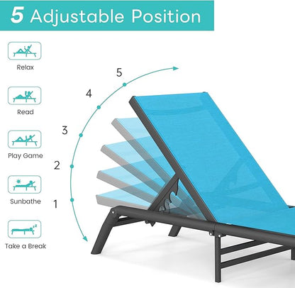 Outdoor Chaise Lounge Chairs Set of 2, No Assembly Required, 5-Position Adjustable Backrest, Foldable Lightweight Patio Lounge for Poolside, Deck, Lawn & Beach, Blue
