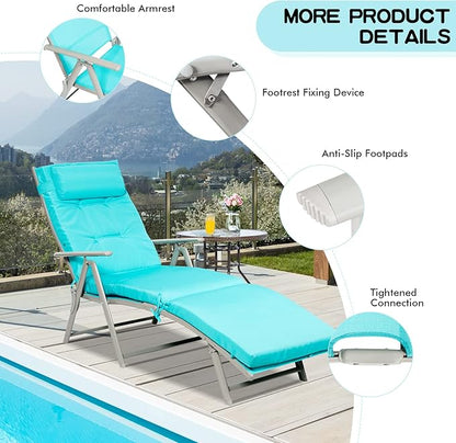Giantex Chaise Lounge Chair for Outside, Pool Folding Reclining Beach Chair W/Removable Cushion&Headrest Pillow, Outdoor Lounge Chaise w/ 7 Backrest Positions, Portable Patio Lounger (2, Turquoise)