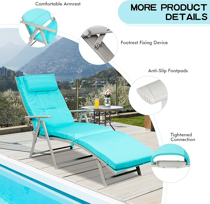 Giantex Chaise Lounge Chair for Outside, Pool Folding Reclining Beach Chair W/Removable Cushion&Headrest Pillow, Outdoor Lounge Chaise w/ 7 Backrest Positions, Portable Patio Lounger (1, Turquoise)