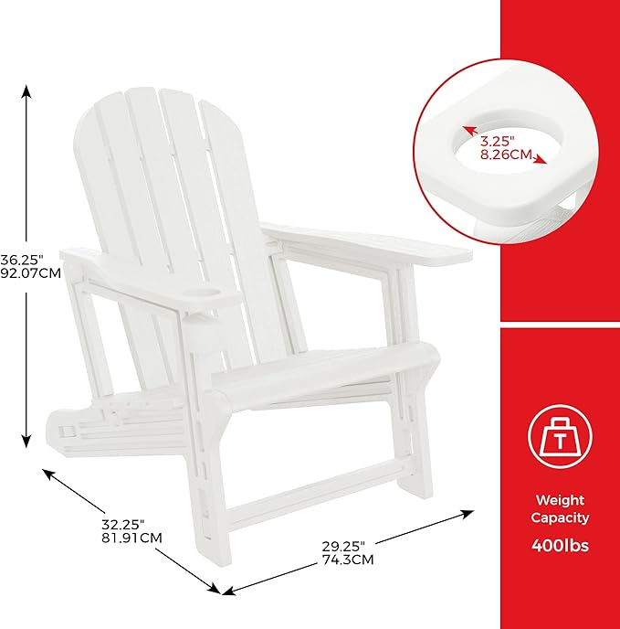 Costaelm Cayman Hardware-Free Assembly Outdoor Patio HDPE Poly Plastic Adirondack Chair with Cup Holder (Set of 2), White