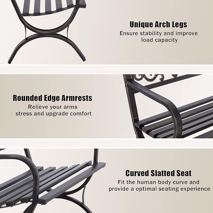MFSTUDIO Outdoor Metal Bench Set of 2, 50 Inches Outdoor Garden Bench, Cast Iron Metal Frame Patio Park Bench with Floral Pattern Backrest, Arch Legs for Porch Lawn Yard, Bronze