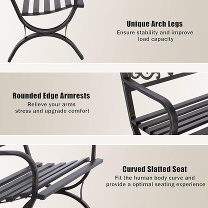 MFSTUDIO Outdoor Metal Bench Set of 2, 50 Inches Outdoor Garden Bench, Cast Iron Metal Frame Patio Park Bench with Floral Pattern Backrest, Arch Legs for Porch Lawn Yard, Bronze