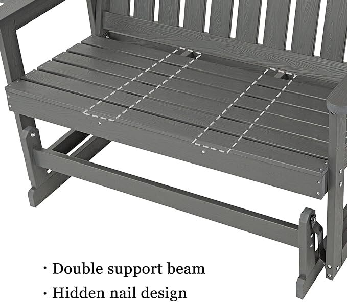 Poly Lumber Patio Glider, HIPS Material Weather-Resistant Swing Bench for Outdoor Porch Garden, Gray - Photo 6