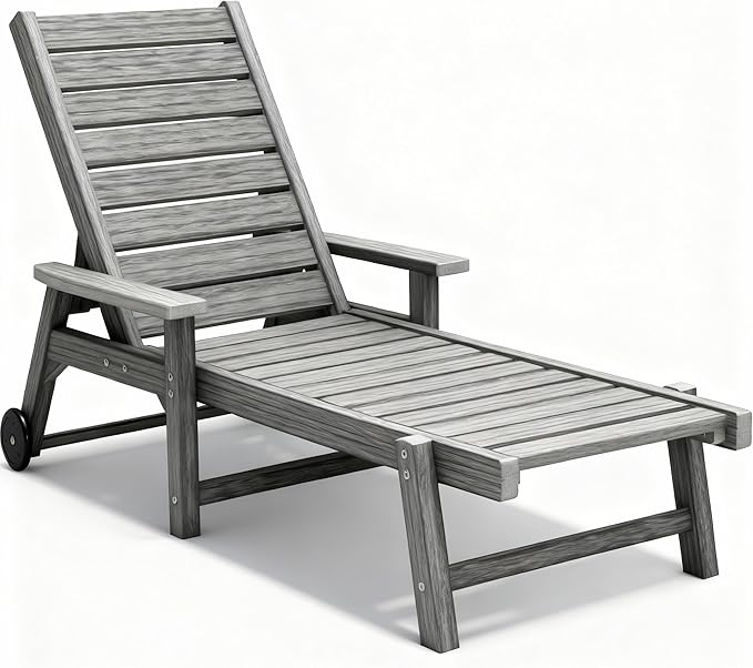 Chaise Lounge Chairs for Outside, HDPE Outdoor Lounge Chairs with Adjustable Backrest, Wheels, Armrest, All Weather Poly Lumber Recliner for Patio, Poolside, Porch (Grey)