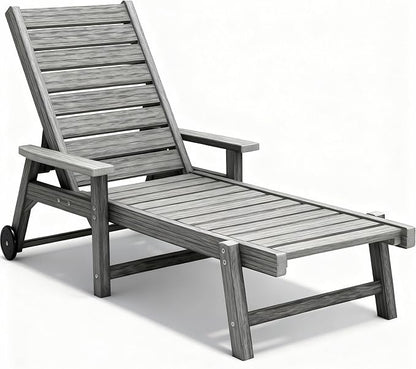 Chaise Lounge Chairs for Outside, HDPE Outdoor Lounge Chairs with Adjustable Backrest, Wheels, Armrest, All Weather Poly Lumber Recliner for Patio, Poolside, Porch (Grey)