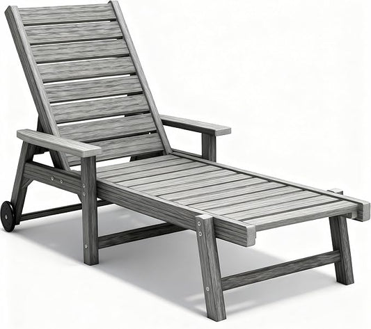 Chaise Lounge Chairs for Outside, HDPE Outdoor Lounge Chairs with Adjustable Backrest, Wheels, Armrest, All Weather Poly Lumber Recliner for Patio, Poolside, Porch (Grey)