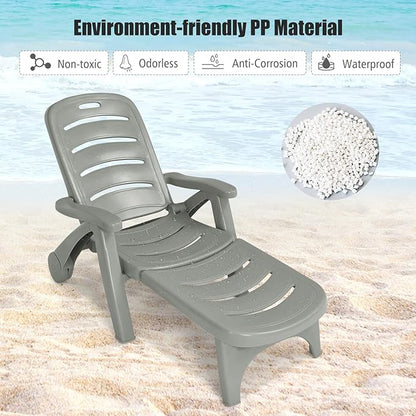 COSTWAY 2 PCS Folding Chaise Lounge Chair 5-Position Adjustable Recliner Grey