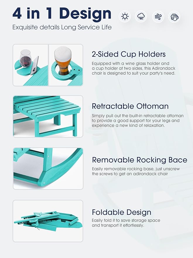 KINGYES Adirondack Rocking Chair Set of 2 with Retractable Ottoman and Cup Holders, HDPE Adirondack Rocker Patio Rocking Chair for Porch, Patio, Balcony, Aqua Blue