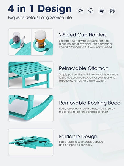 KINGYES Adirondack Rocking Chair Set of 4 with Retractable Ottoman and Cup Holders, HDPE Adirondack Rocker Patio Rocking Chair for Porch, Patio, Balcony, Aqua Blue