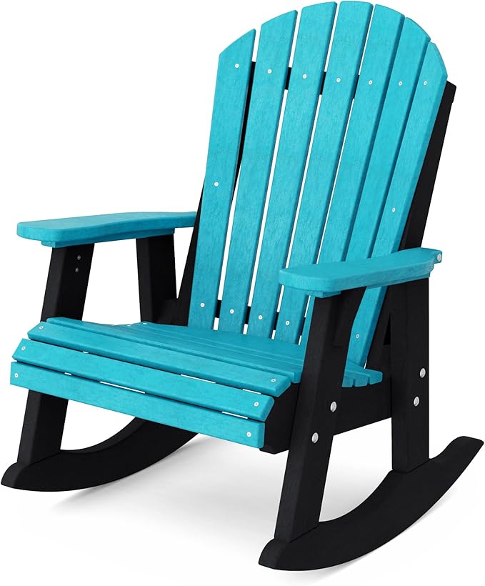 Wildridge Heritage Adirondack Rocking Chair, Aruba Blue and Black - Outdoor Weather Resistant HDPE Rocking Chair for Patio, Deck, Fire Pit