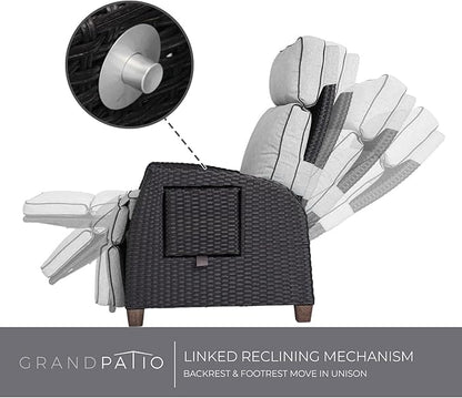 Grand patio Outdoor Recliner Chair Patio 150° Lay Flat Recliner with Flip Table Wicker Reclining Lounge Chair, Griege