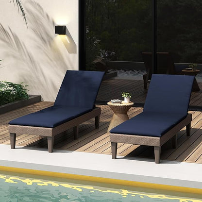 HAPPYGRILL Outdoor Chaise Lounge Chair Rattan Recliner Lounger with Removable Cushion & 3-Level Adjustable Backrest, Patio Tanning Chair (Brown & Navy,2)